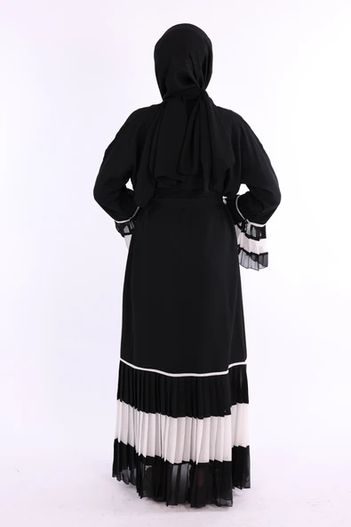 Kol ve Etek Ucu İki Renkli Bel Kuşaklı Piliseli Abaya 7454 Siyah-Beyaz - Resim 2