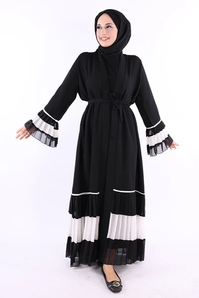 Kol ve Etek Ucu İki Renkli Bel Kuşaklı Piliseli Abaya 7454 Siyah-Beyaz ürün görseli