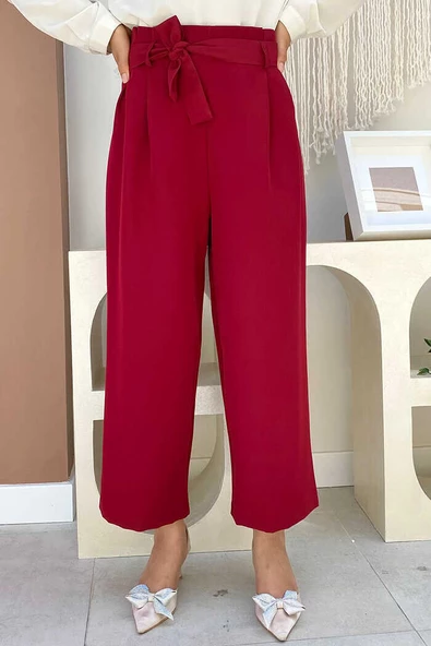 Fermuarlı Bel Bağcıklı Pantolon 0174 Bordo