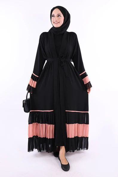 Kol ve Etek Ucu İki Renkli Bel Kuşaklı Piliseli Abaya 7454 Siyah-Pudra