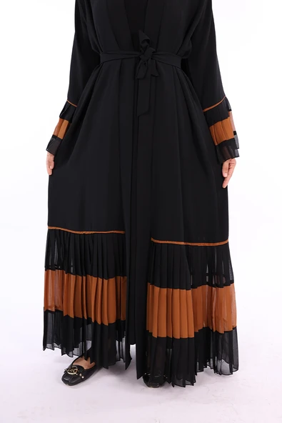 Kol ve Etek Ucu İki Renkli Bel Kuşaklı Piliseli Abaya 7454 Siyah-Taba - Resim 4