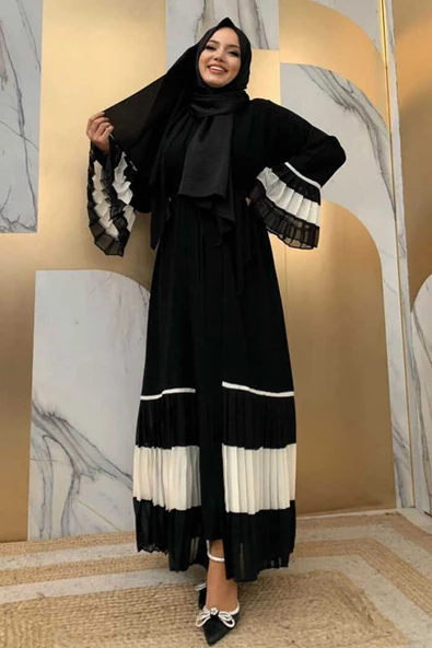 Kol ve Etek Ucu İki Renkli Bel Kuşaklı Piliseli Abaya 7454 Siyah-Beyaz - 2