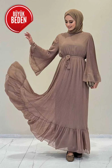 Büyük Beden Piliseli Fırfır Görünümlü Astarlı Şifon Elbise 3404-1 Vizon ürün görseli 1
