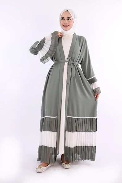 Kol ve Etek Ucu İki Renkli Bel Kuşaklı Piliseli Abaya 7454 Mint