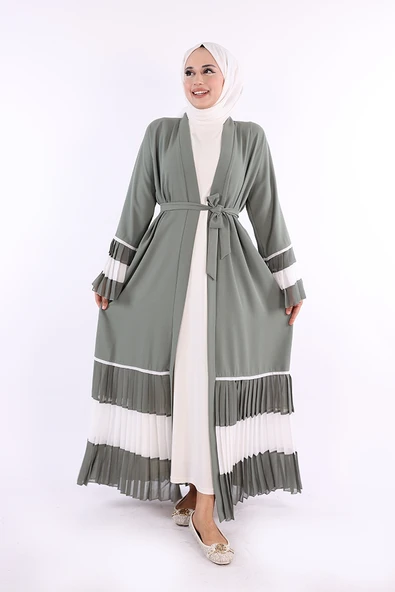 Kol ve Etek Ucu İki Renkli Bel Kuşaklı Piliseli Abaya 7454 Mint - 3