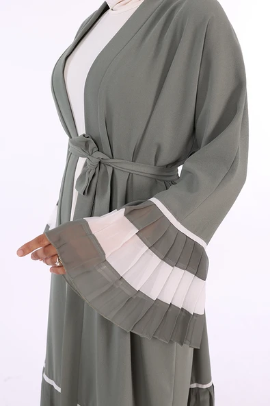 Kol ve Etek Ucu İki Renkli Bel Kuşaklı Piliseli Abaya 7454 Mint - 5