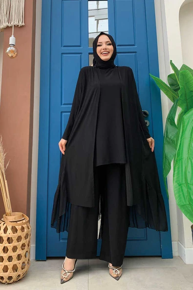 Şifon Fırfır Görünüm Abayalı Üçlü Takım 8411 Siyah