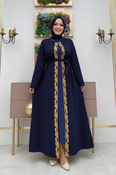 Bel Kuşaklı Boncuk İşlemeli Abaya 7821 Lacivert
