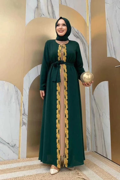 Bel Kuşaklı Boncuk İşlemeli Abaya 7821 Zümrüt