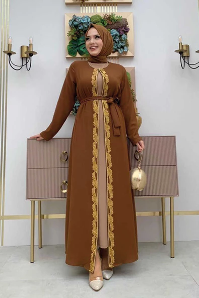 Bel Kuşaklı Boncuk İşlemeli Abaya 7821 Taba