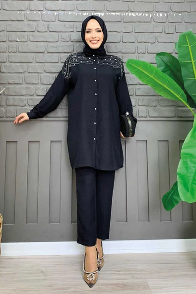 Omuz Taş İşlemeli Düğmeli Tunik ve Pantolon Takım 8430 Siyah