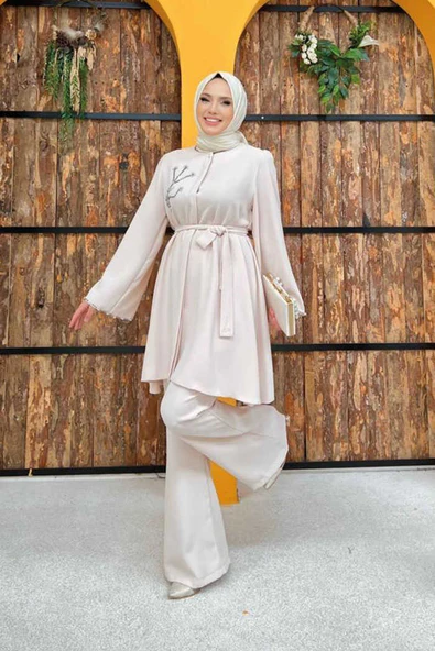 Taş İşleme Detaylı Kuşaklı Tunik ve Pantolonlu Takım 8432 Taş - 6