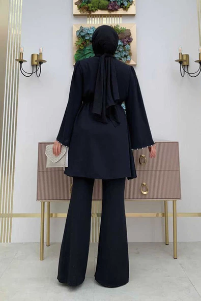 Taş İşleme Detaylı Kuşaklı Tunik ve Pantolonlu Takım 8432 Siyah - 7