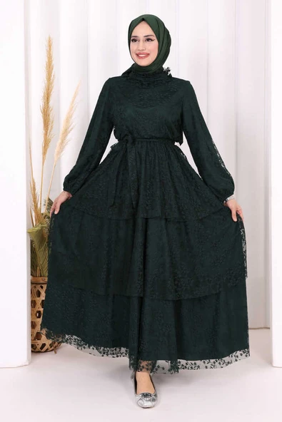 Dantel Kat Kat Detaylı Kol Manşetleri Lastikli Kuşaklı Astarlı Elbise 3614 Zümrüt ürün görseli 1