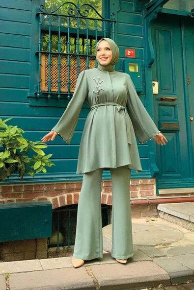 Taş İşleme Detaylı Kuşaklı Tunik ve Pantolonlu Takım 8432 Mint - Resim 2