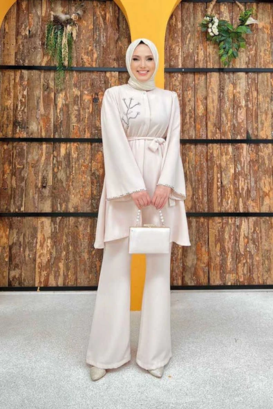 Taş İşleme Detaylı Kuşaklı Tunik ve Pantolonlu Takım 8432 Taş - 5