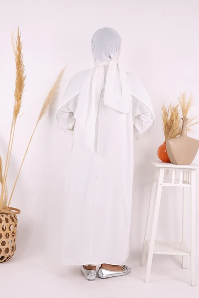 Arkası Zincir Püskül Detay Boydan Düğmeli Yarasakol Ferace 7822 Ekru - 3