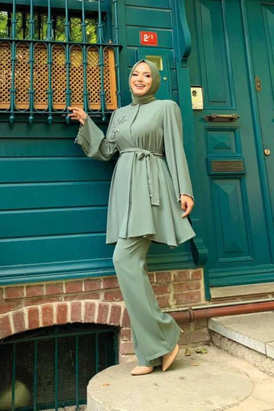 Taş İşleme Detaylı Kuşaklı Tunik ve Pantolonlu Takım 8432 Mint - Resim 3