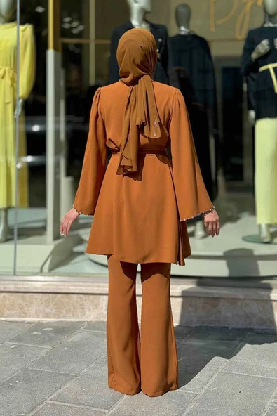 Taş İşleme Detaylı Kuşaklı Tunik ve Pantolonlu Takım 8432 Taba - 2