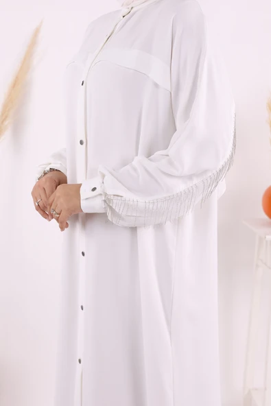 Arkası Zincir Püskül Detay Boydan Düğmeli Yarasakol Ferace 7822 Ekru - 5