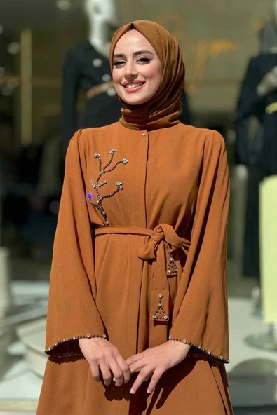 Taş İşleme Detaylı Kuşaklı Tunik ve Pantolonlu Takım 8432 Taba - 4