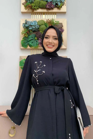 Taş İşleme Detaylı Kuşaklı Tunik ve Pantolonlu Takım 8432 Siyah - 8