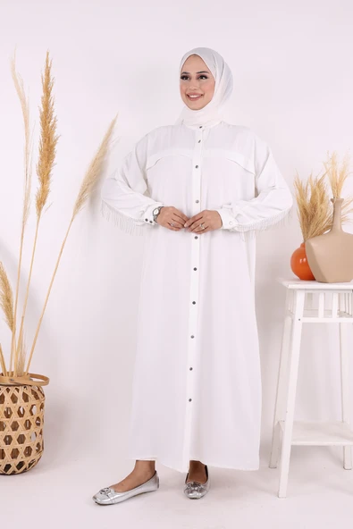 Arkası Zincir Püskül Detay Boydan Düğmeli Yarasakol Ferace 7822 Ekru