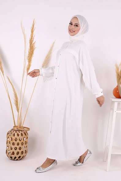 Arkası Zincir Püskül Detay Boydan Düğmeli Yarasakol Ferace 7822 Ekru - 2