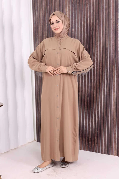 Arkası Zincir Püskül Detay Boydan Düğmeli Yarasakol Ferace 7822 Vizon ürün görseli