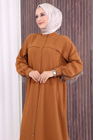 Arkası Zincir Püskül Detay Boydan Düğmeli Yarasakol Ferace 7822 Taba - Resim 5