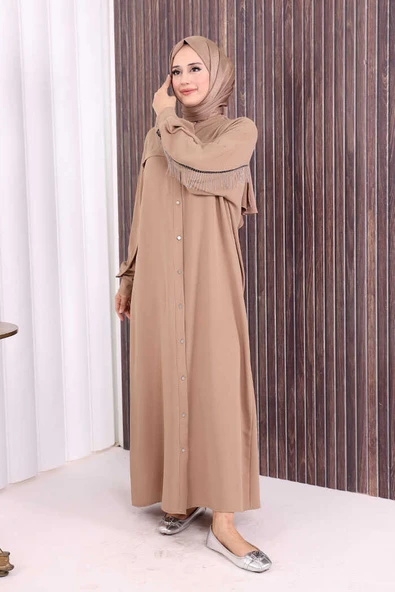 Arkası Zincir Püskül Detay Boydan Düğmeli Yarasakol Ferace 7822 Vizon - Resim 2