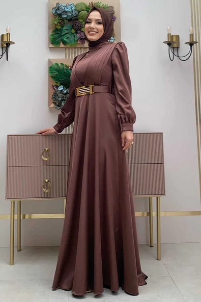 Göğüs Kısmı Kat Şerit Detay Bel Kemer Aksesuarlı Abiye Elbise 3792 Kahverengi - Resim 2