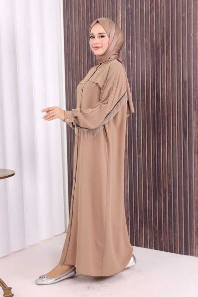 Arkası Zincir Püskül Detay Boydan Düğmeli Yarasakol Ferace 7822 Vizon - Resim 4