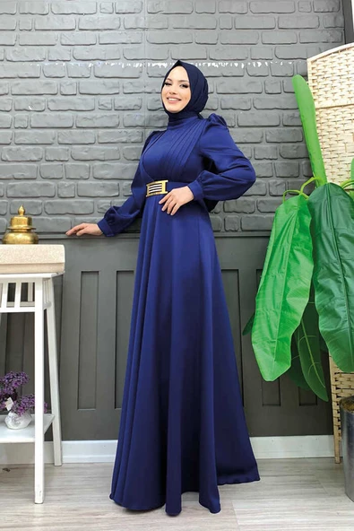 Göğüs Kısmı Kat Şerit Detay Bel Kemer Aksesuarlı Abiye Elbise 3792 Lacivert - 4