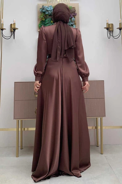 Göğüs Kısmı Kat Şerit Detay Bel Kemer Aksesuarlı Abiye Elbise 3792 Kahverengi - Resim 3