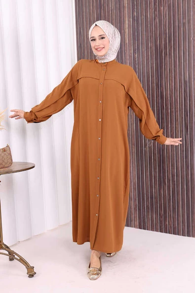 Arkası Zincir Püskül Detay Boydan Düğmeli Yarasakol Ferace 7822 Taba - Resim 2