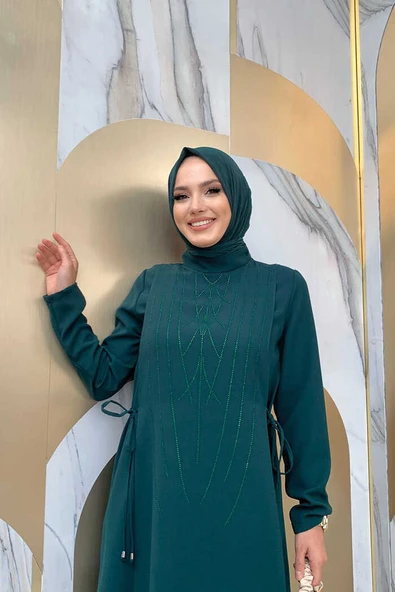 Taş Baskı Desenli Tunik Pantolon Takım 8447 Zümrüt - Resim 4