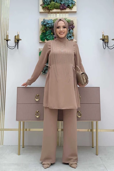 Taş Baskı Desenli Tunik Pantolon Takım 8447 Vizon