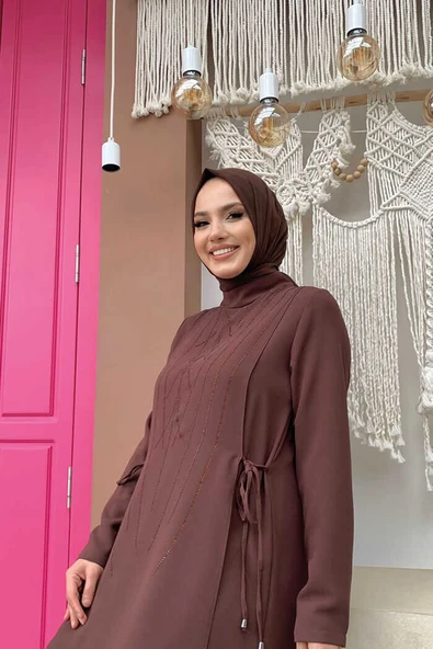 Taş Baskı Desenli Tunik Pantolon Takım 8447 Kahverengi - Resim 4