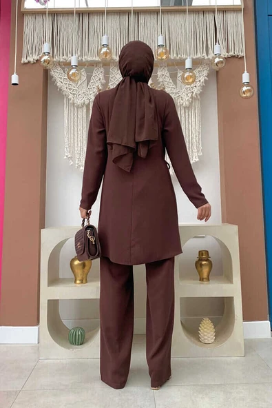 Taş Baskı Desenli Tunik Pantolon Takım 8447 Kahverengi - Resim 3