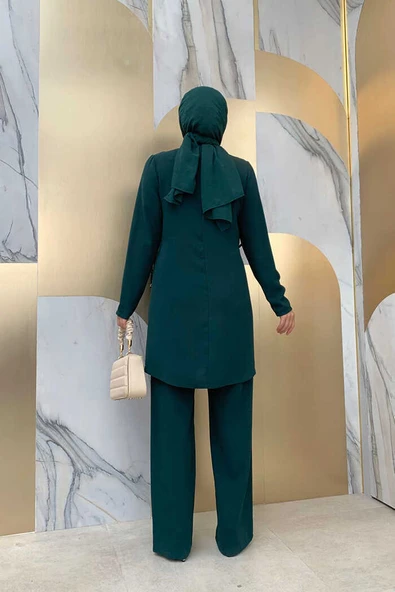 Taş Baskı Desenli Tunik Pantolon Takım 8447 Zümrüt - Resim 3