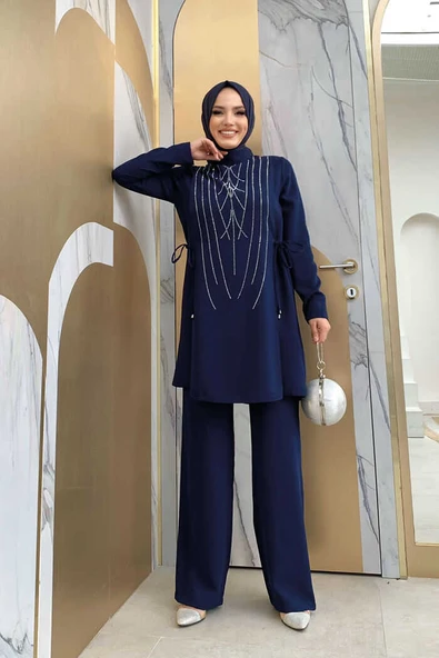 Taş Baskı Desenli Tunik Pantolon Takım 8447 Lacivert ürün görseli