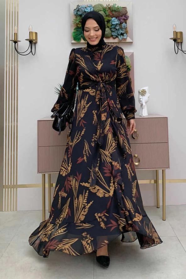 Yaprak Desen Fırfır Detay Şifon Elbise 3842 Siyah