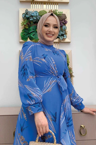 Yaprak Desen Fırfır Detay Şifon Elbise 3842 Mavi - 8