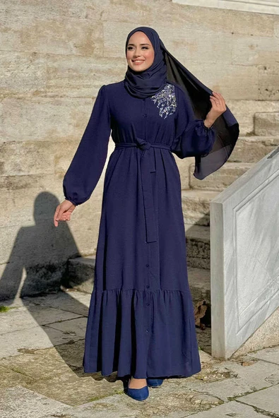 Boydan Düğmeli Omuz Taş İşleme Detaylı Ferace Elbise 3840 Lacivert