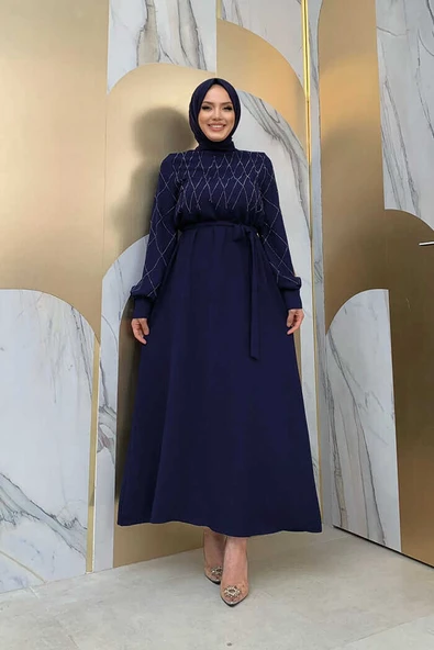 Taş İşlemeli Kuşaklı Elbise 3830 Lacivert - 2