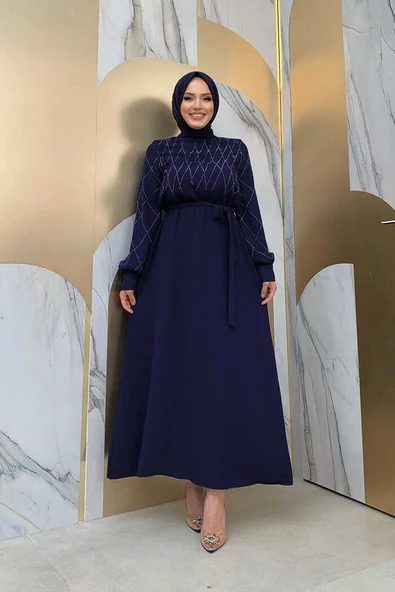 Taş İşlemeli Kuşaklı Elbise 3830 Lacivert