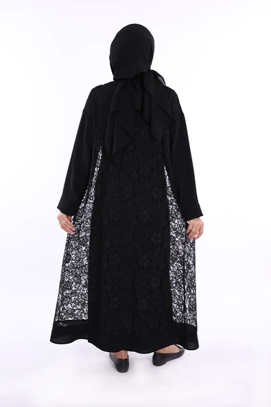 Yakalı Dantel Güpür Detay Abaya 7830 Siyah - Resim 3