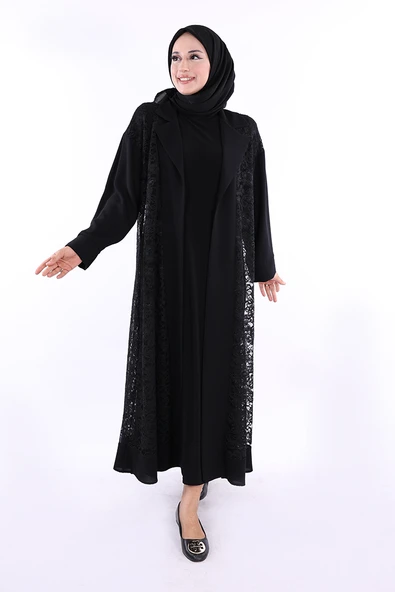 Yakalı Dantel Güpür Detay Abaya 7830 Siyah - Resim 2