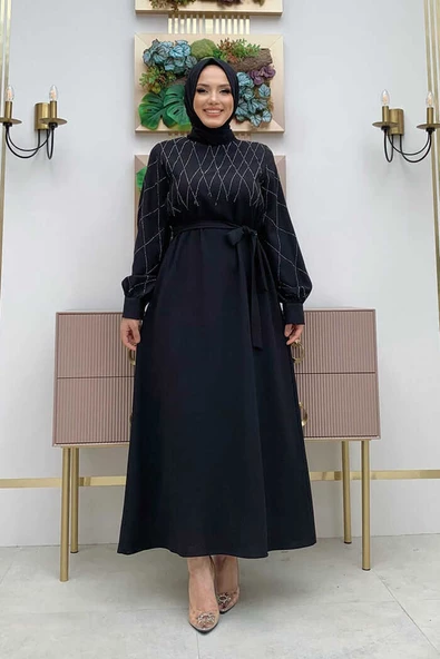 Taş İşlemeli Kuşaklı Elbise 3830 Siyah